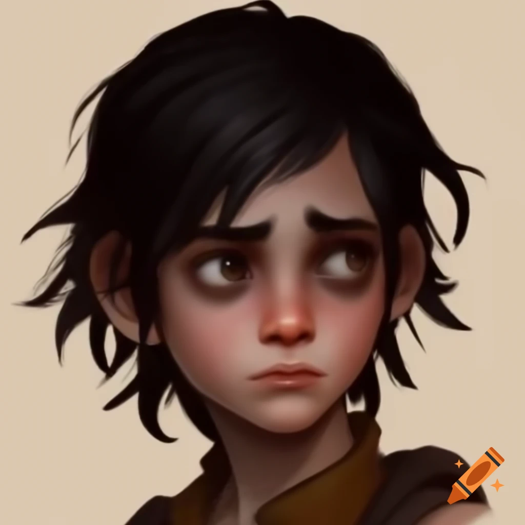 Illustration of boy with long dark hair and weathered look in arcane style