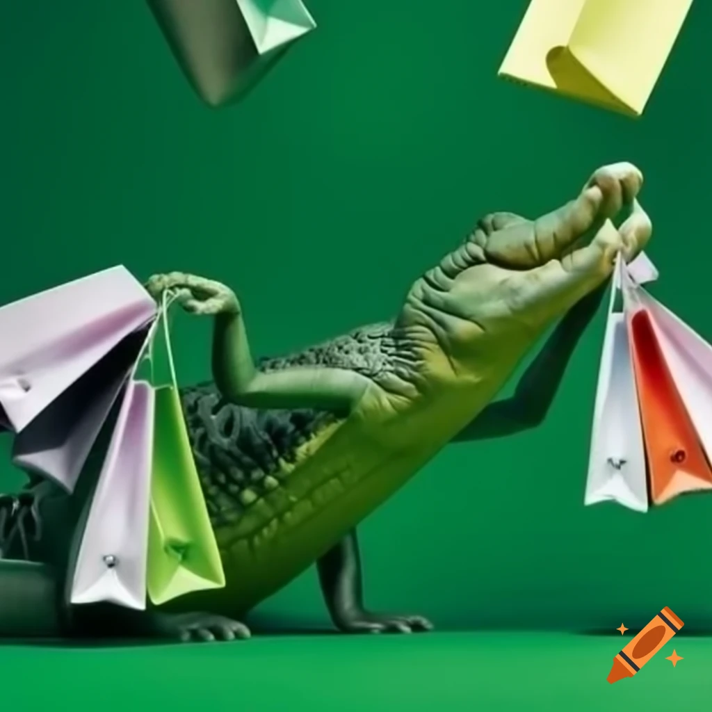 Lacoste crocodile character carrying shopping bags in green shades on