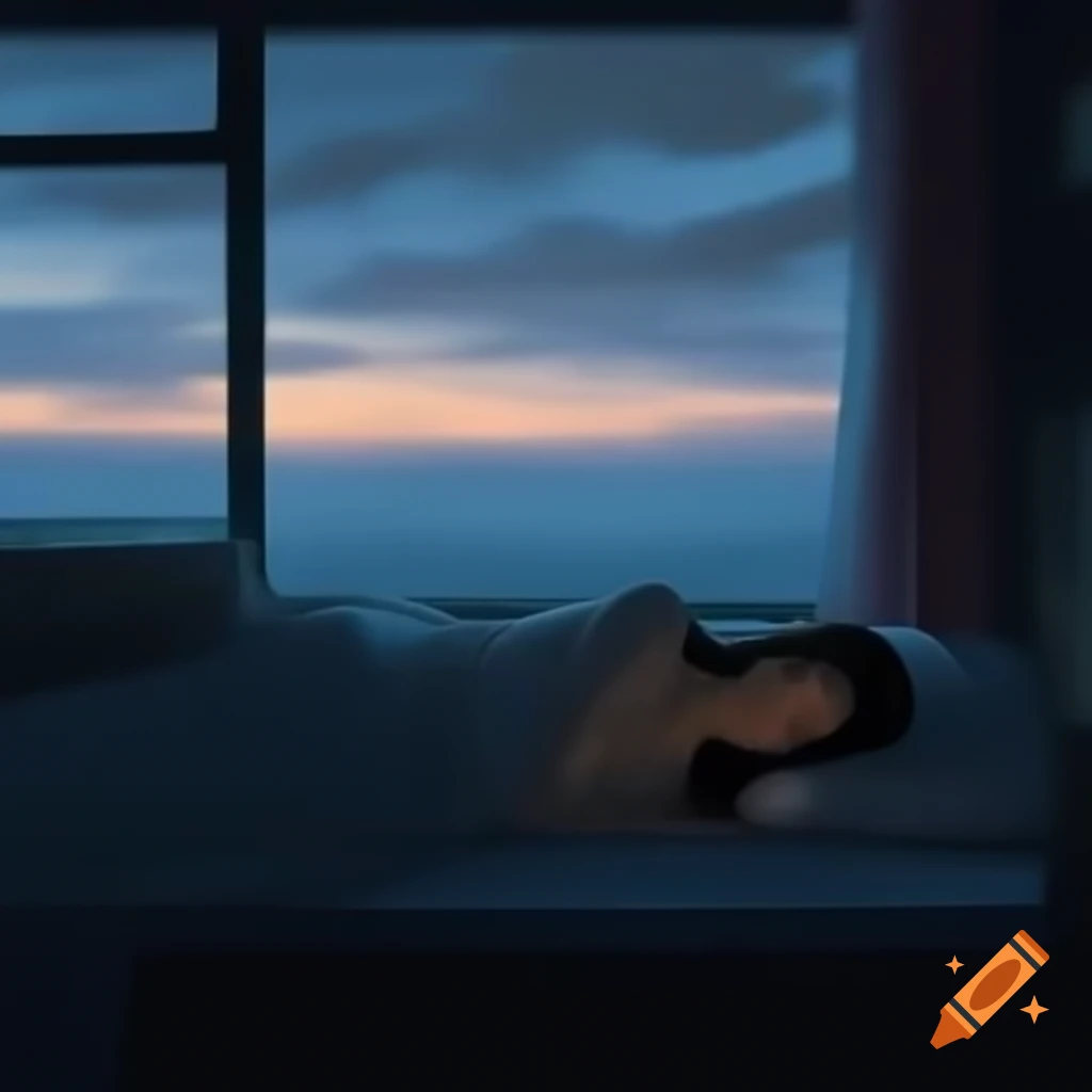 Young woman on bed gazing at melancholic gray sky at dawn