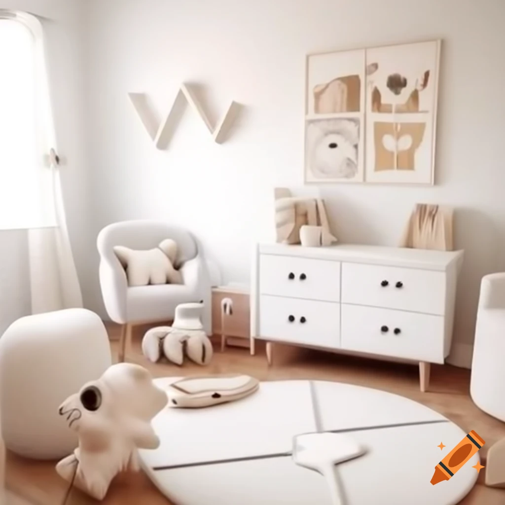 Cozy nursery with white furniture and animal-shaped wooden toys