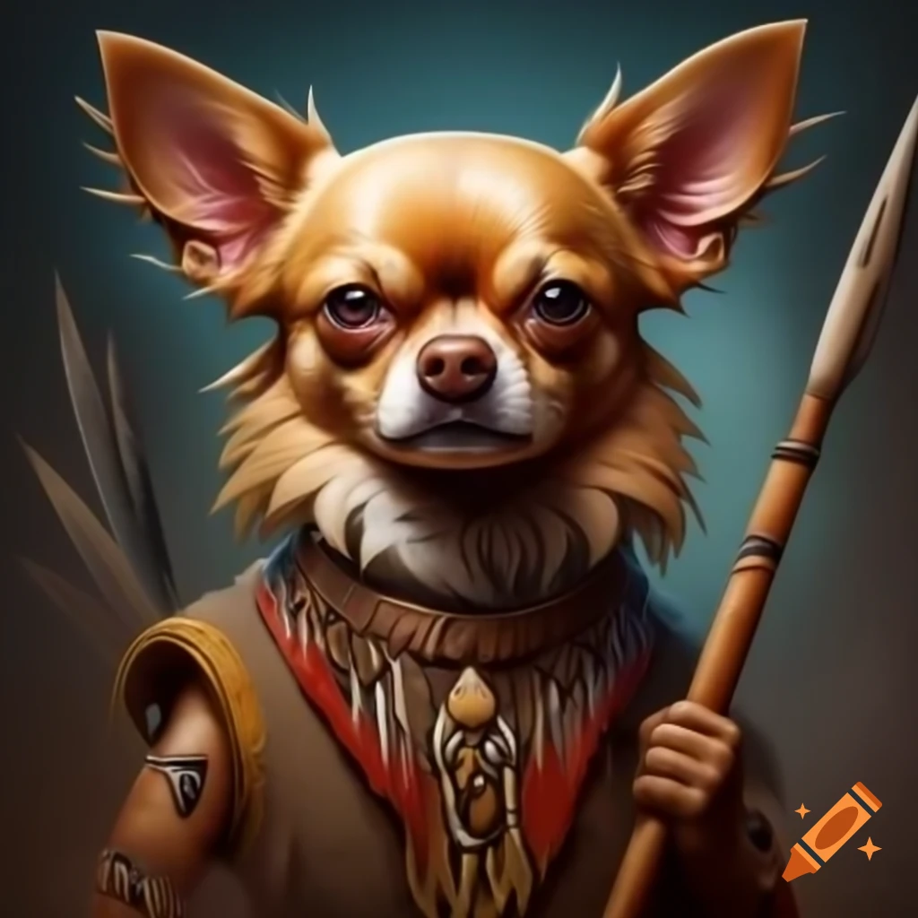 Hyper realistic anthropomorphic chihuahua in tribal clothing wielding spear in Simon Bisley art style