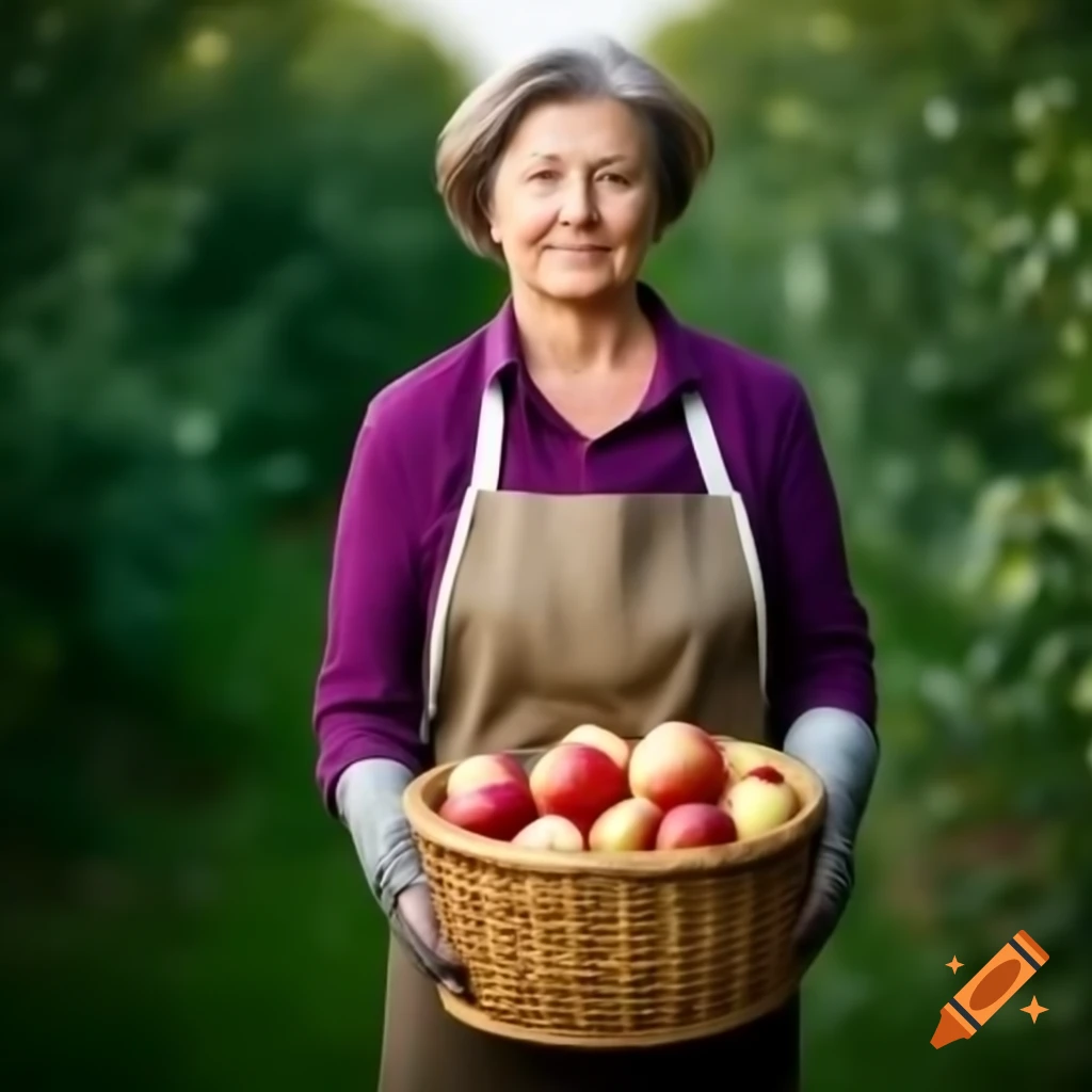 Middle-aged farmer's wife holding a basket of apples