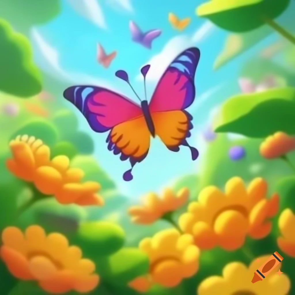 Colorful butterfly flying over bright flower garden