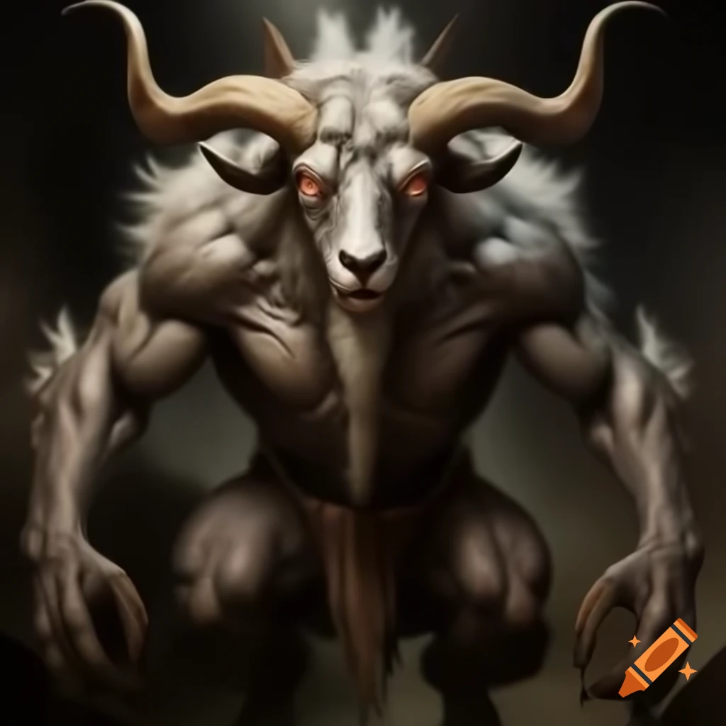 Goat-headed demon with large horns in human posture wearing shorts
