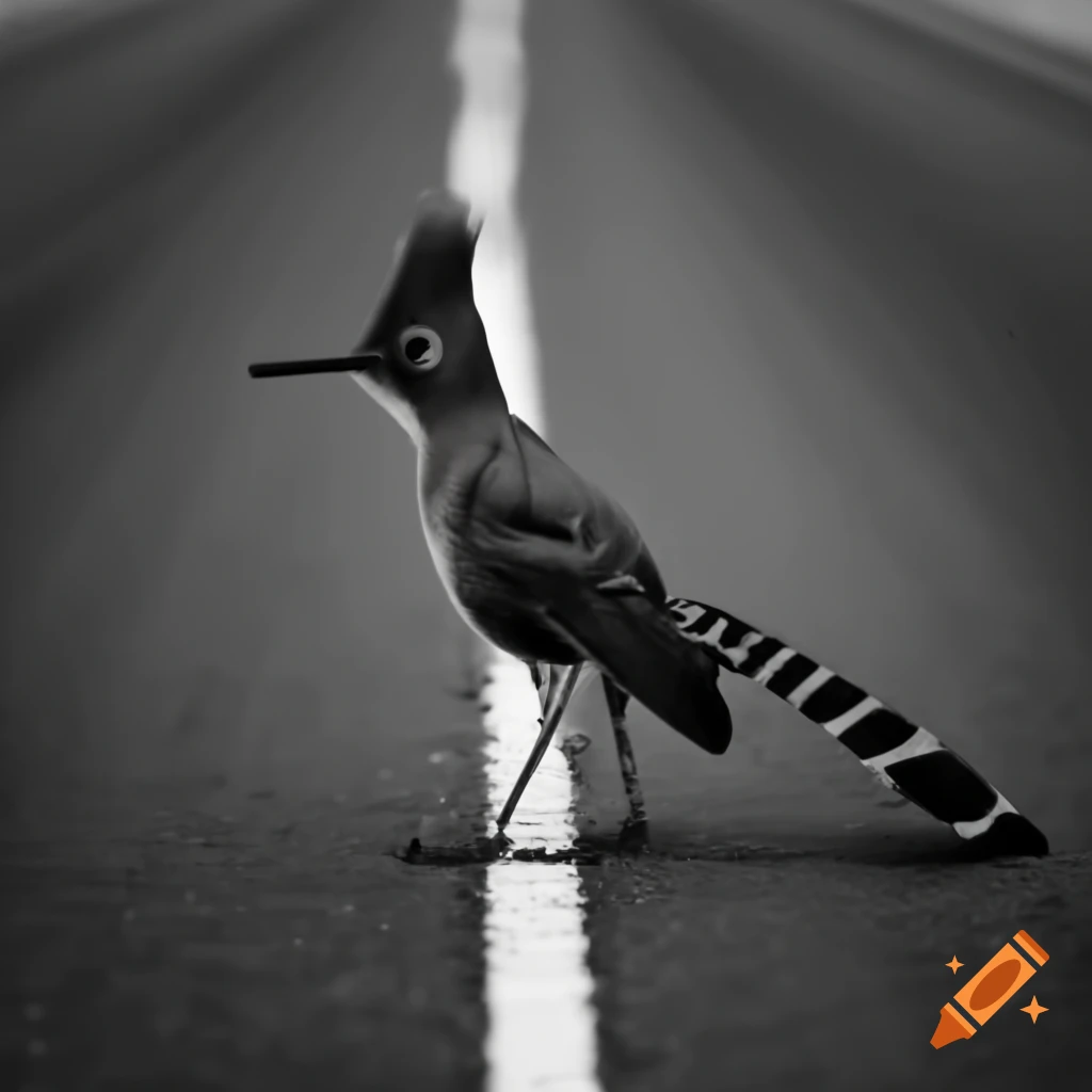 Black and white image of a roadrunner bird
