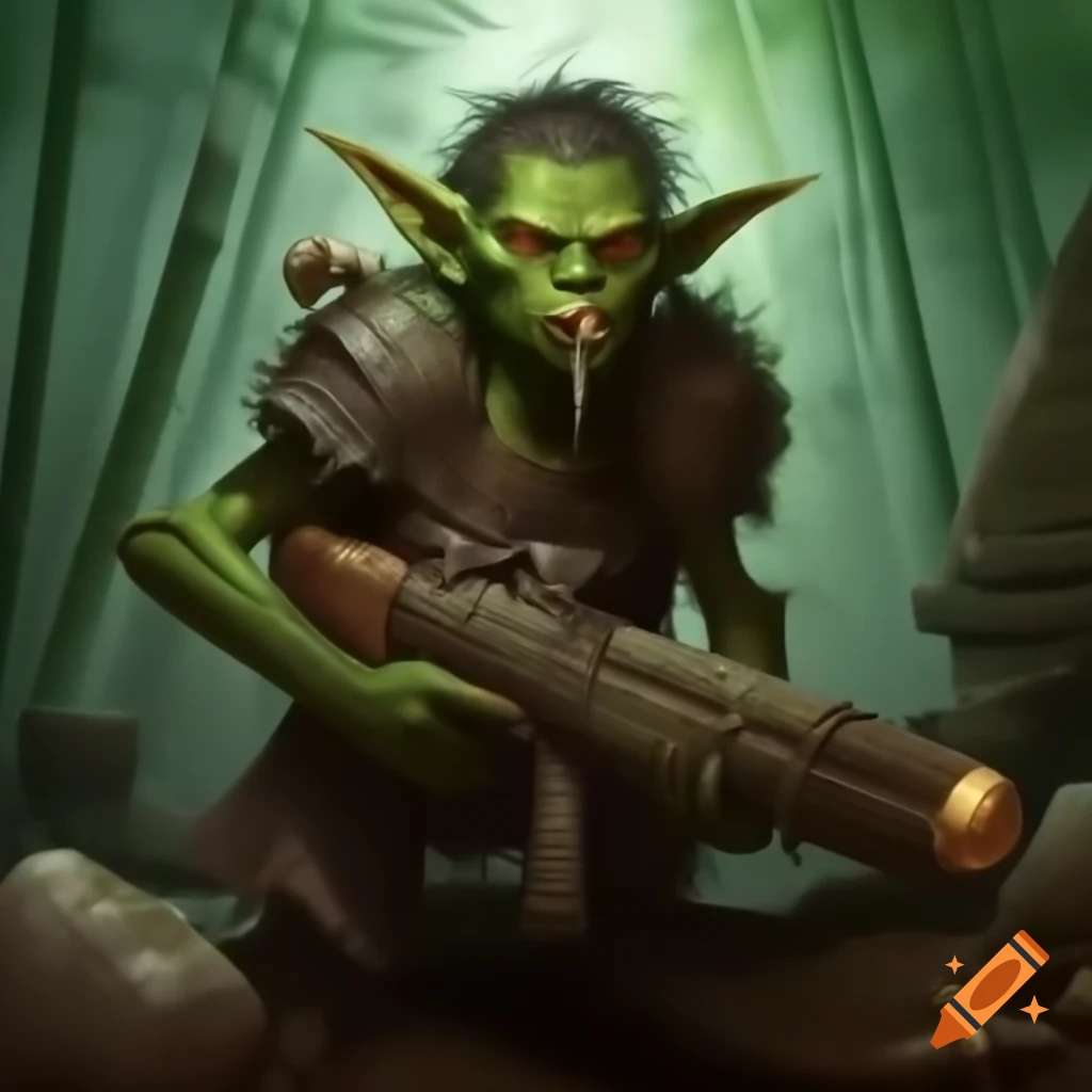 Goblin crafting weapon from nature in an overgrown jungle