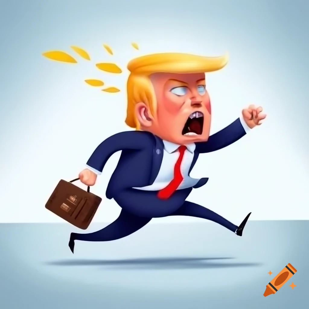 Cartoon of Trump running away from angry cats and dogs