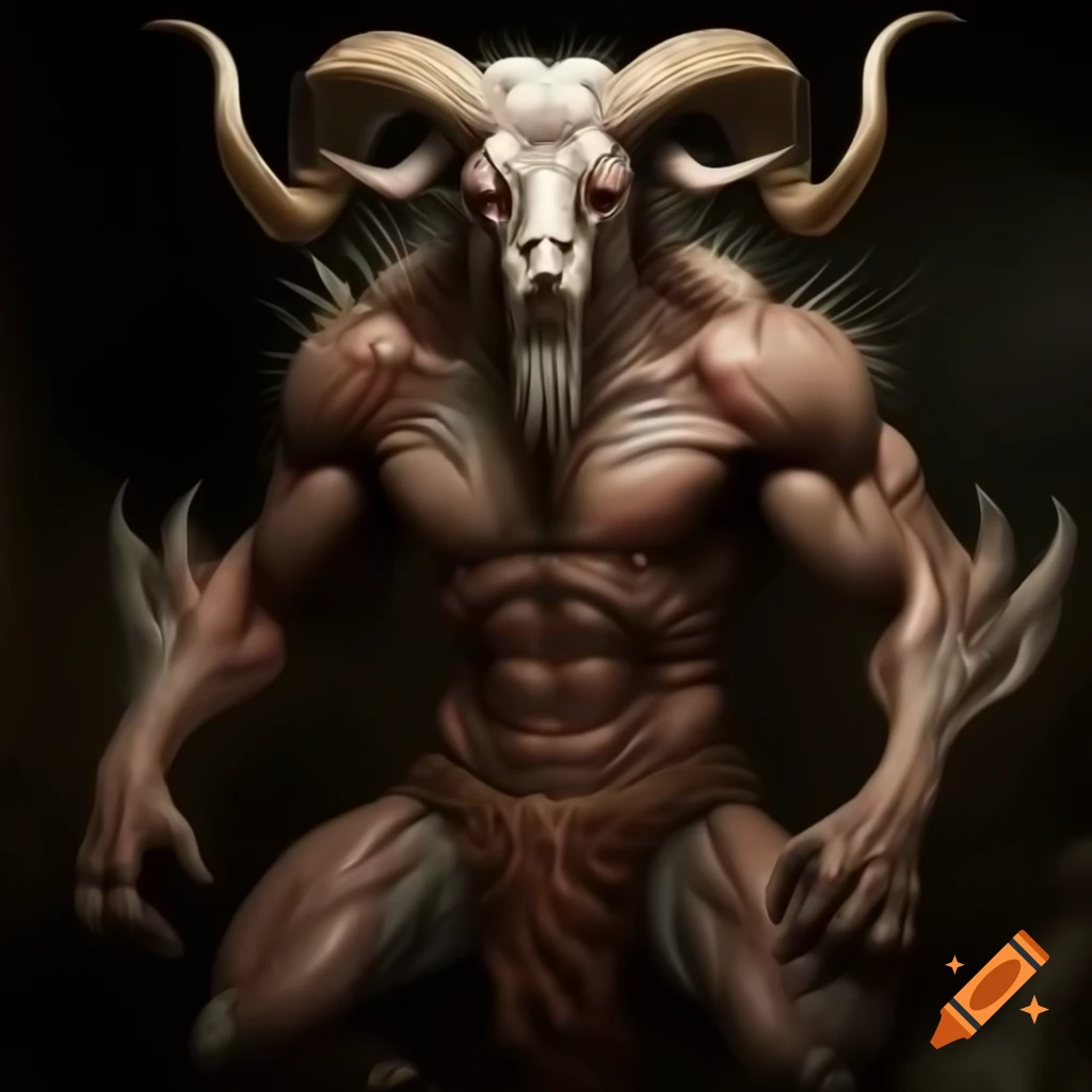 Goat-headed demon with large horns and muscular legs in realistic oil painting