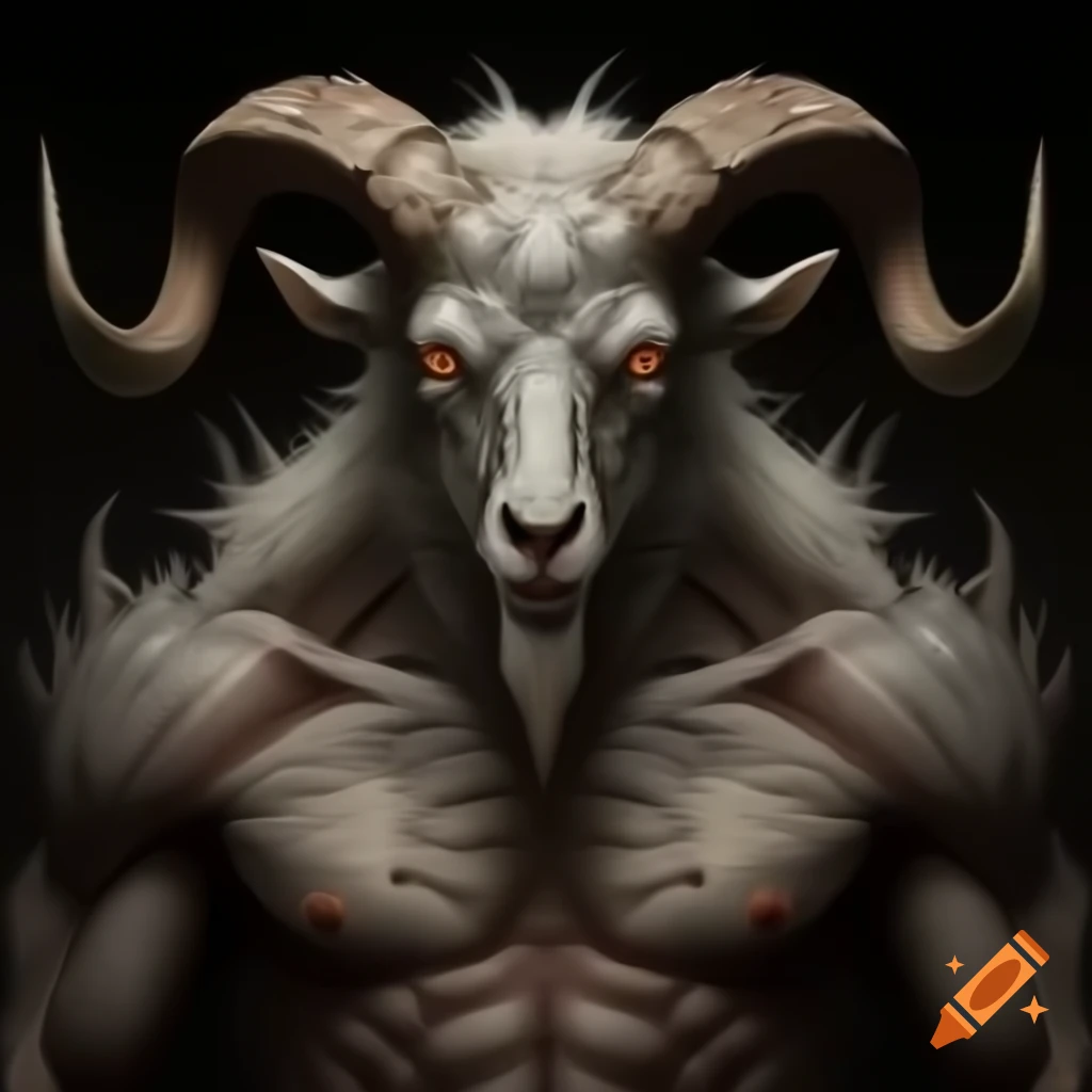 Realistic oil painting of a goat-headed demon with large horns