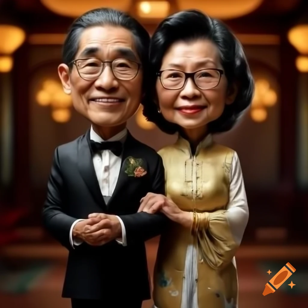 4D realistic caricature of Asian elderly couple, grandma in gold Chinese dress and grandpa in glasses