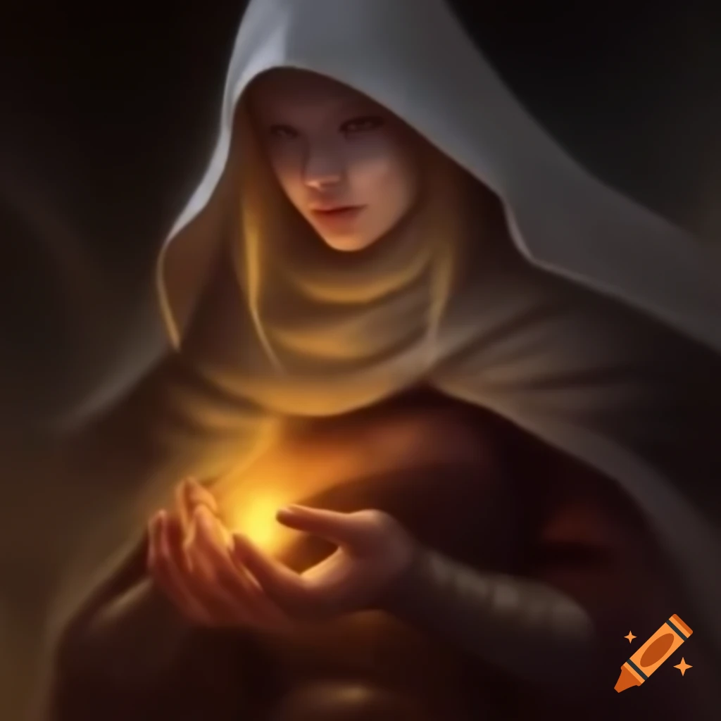 Sister Alya channeling divine energy towards pale male warrior
