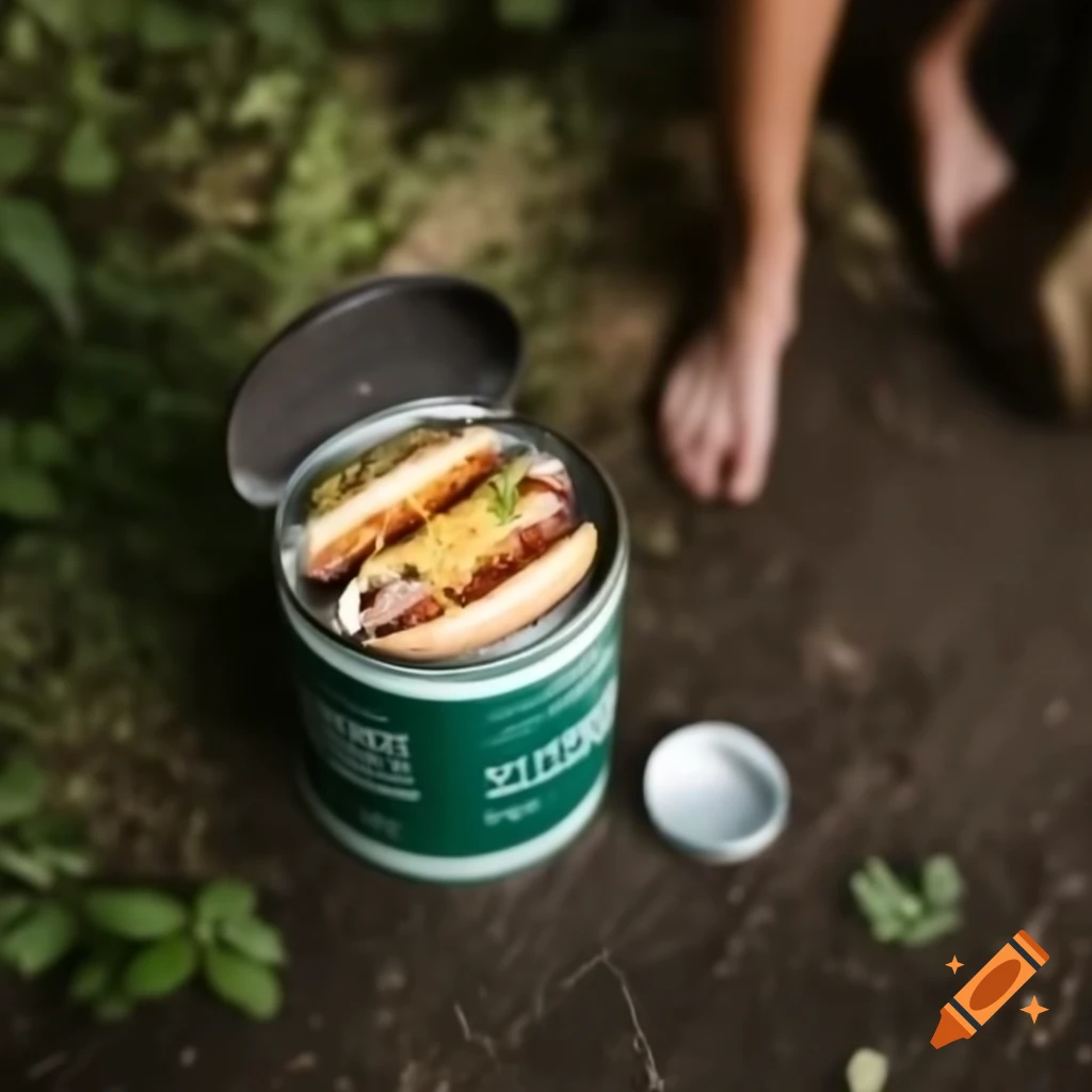 Can of sardines with hotdog at campground in woods