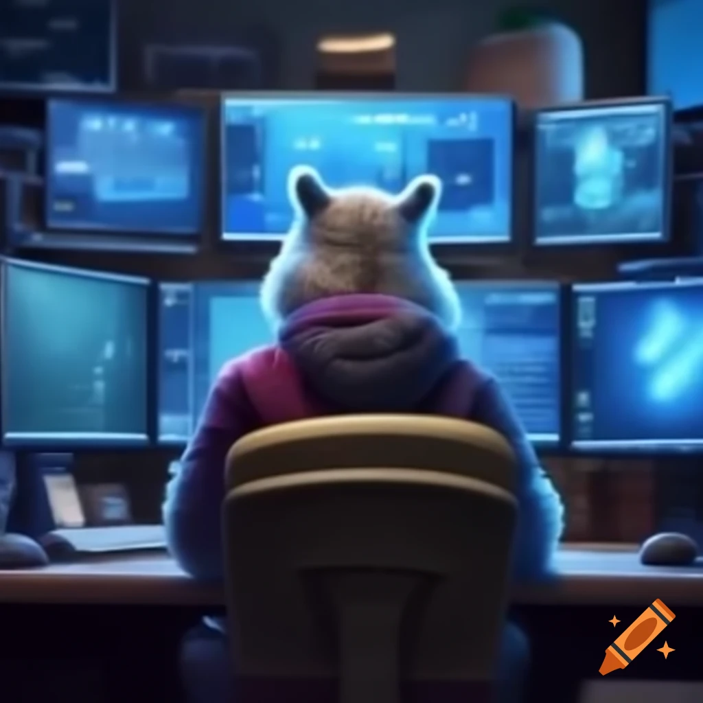 Icebear programmer at desk with multiple monitors
