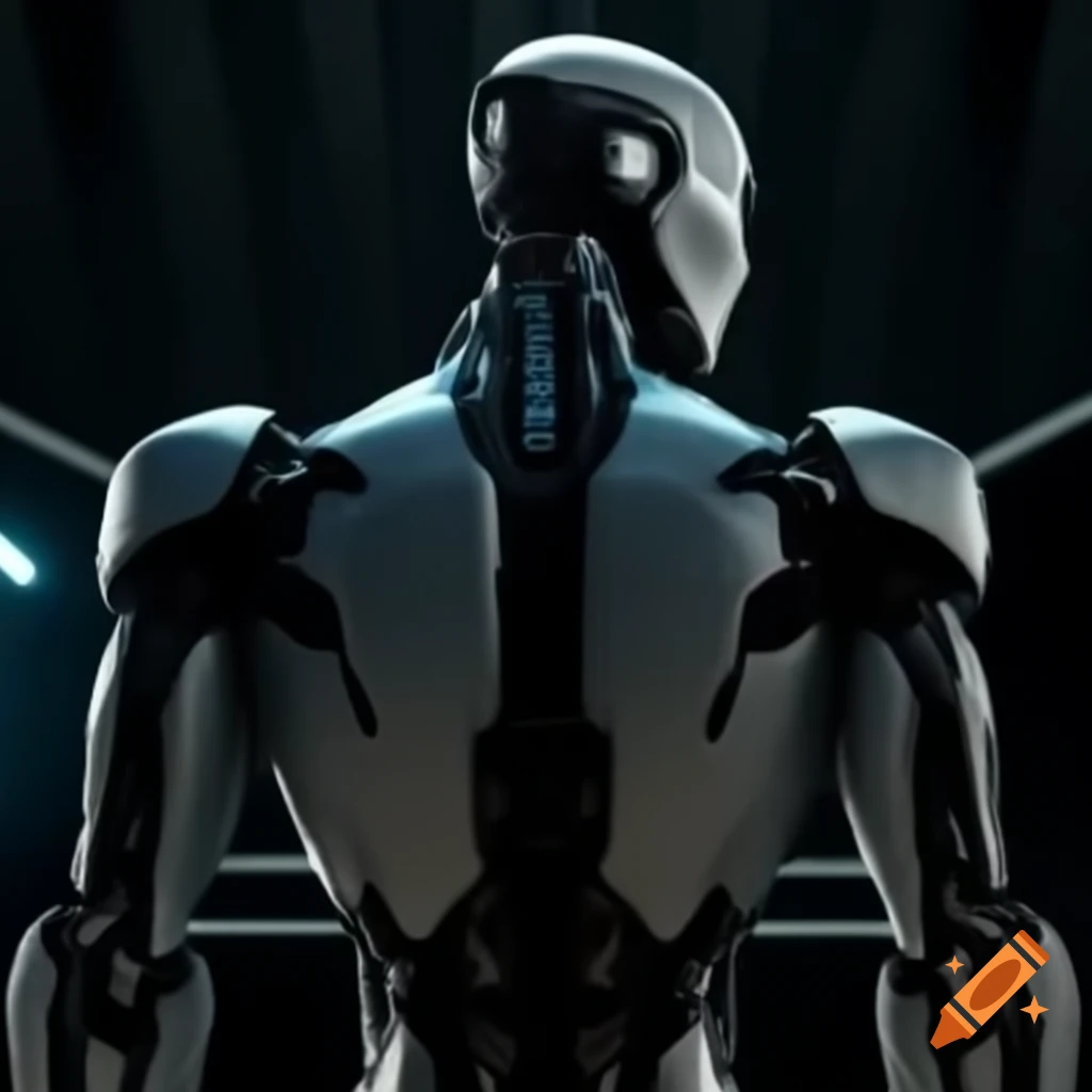 Dark cyborg standing in large black room