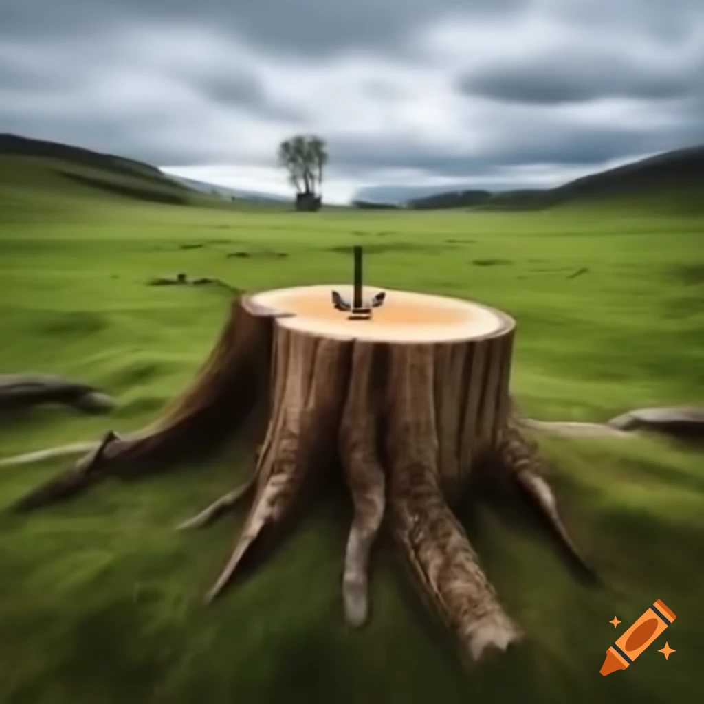 Stump in meadow with tilted anchor resting on it