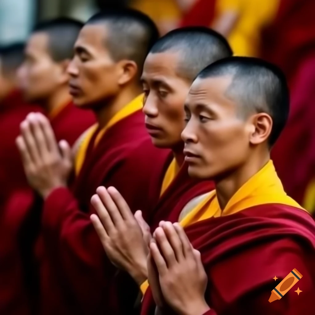 People in Buddhist clothes praying in front of a cartoon character resembling SpongeBob SquarePants