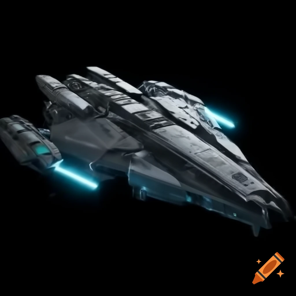Detailed cyberpunk spaceship design against black background