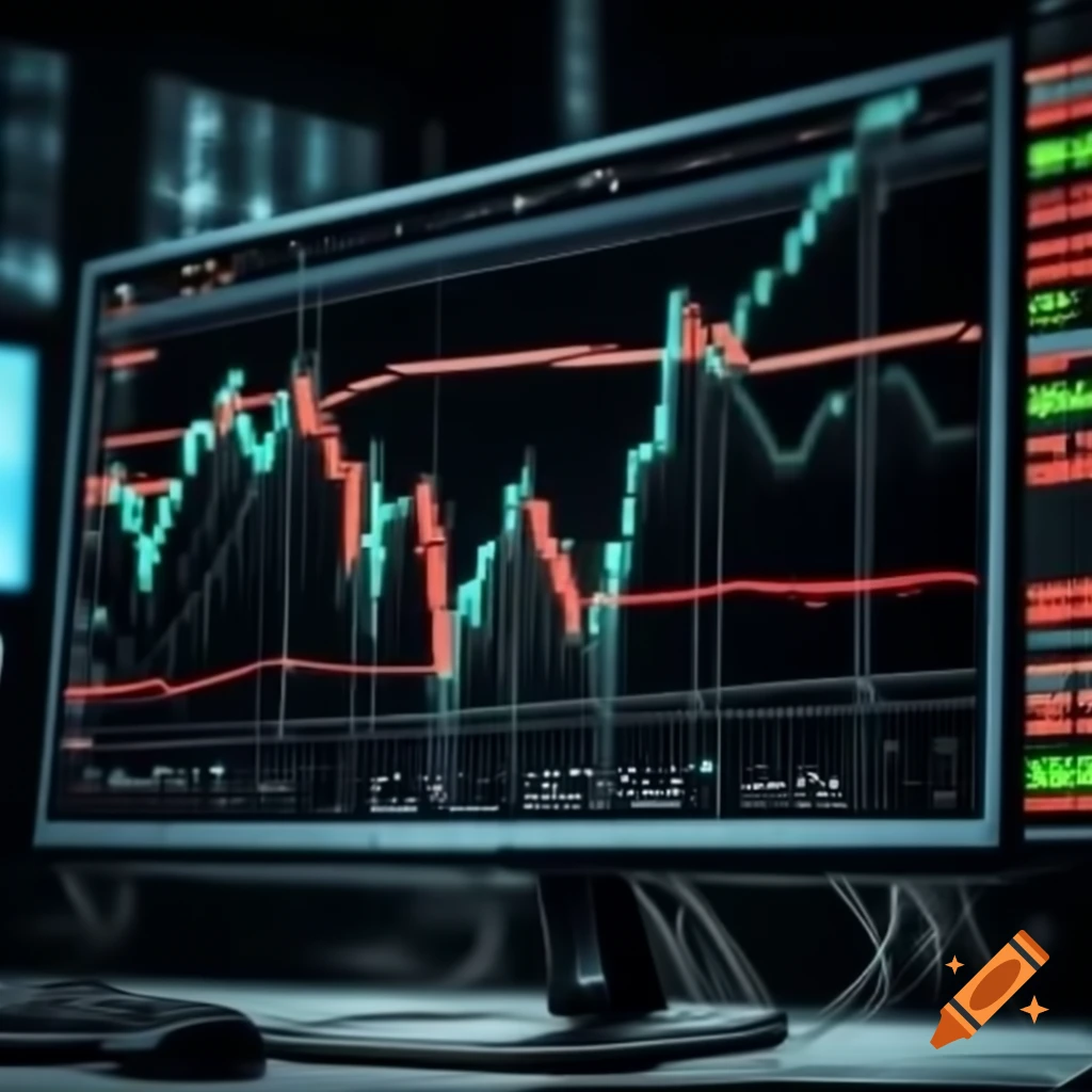 Detailed close-up of stock market chart on monitor with red mountain range and blue arrow