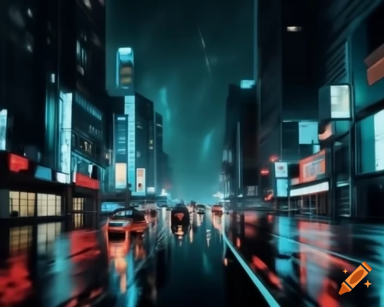 Cinematic night cityscape with neon lights and towering skyscrapers
