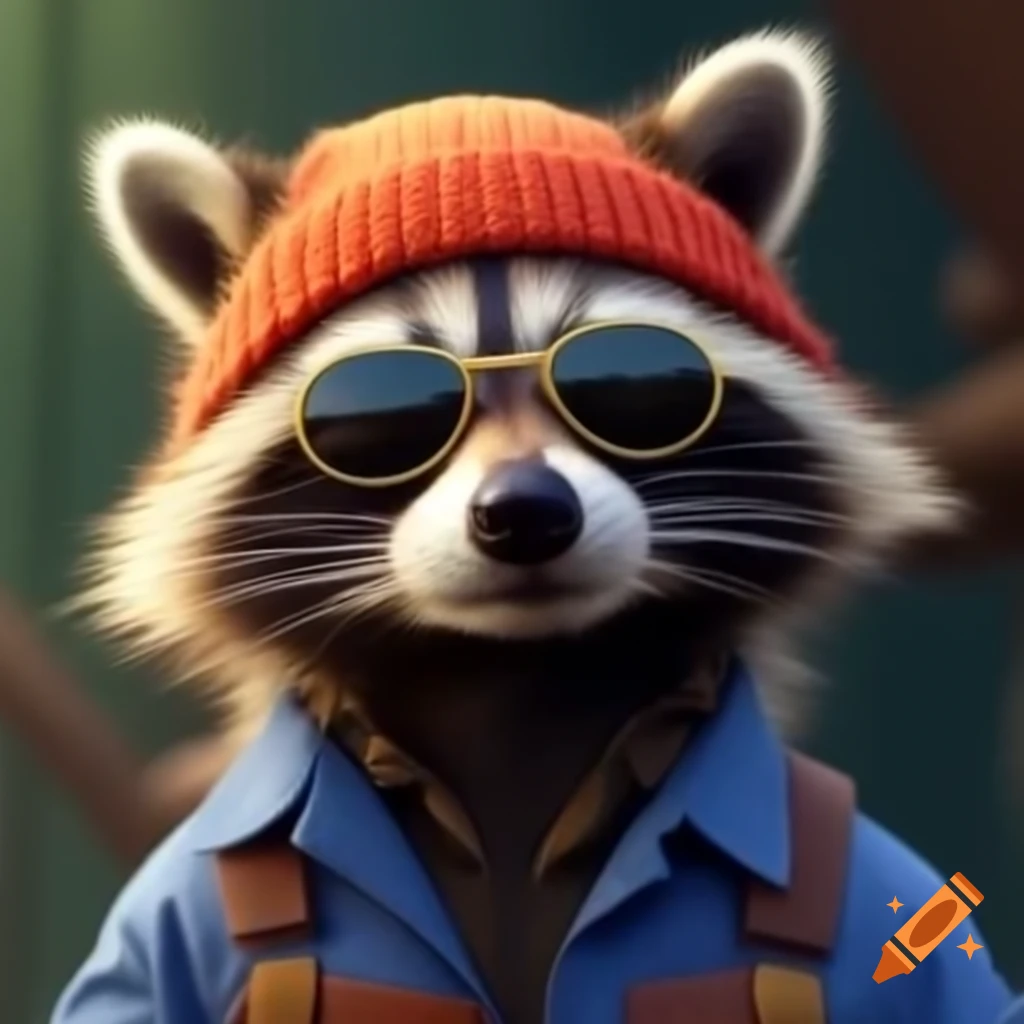 Raccoon mechanic wearing beanie and sunglasses