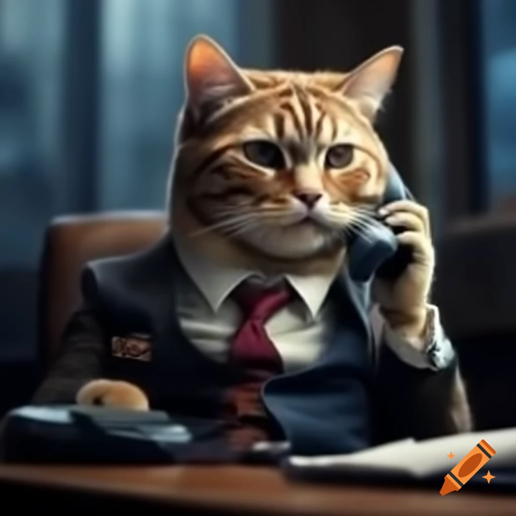 Cat dressed in business attire using a phone