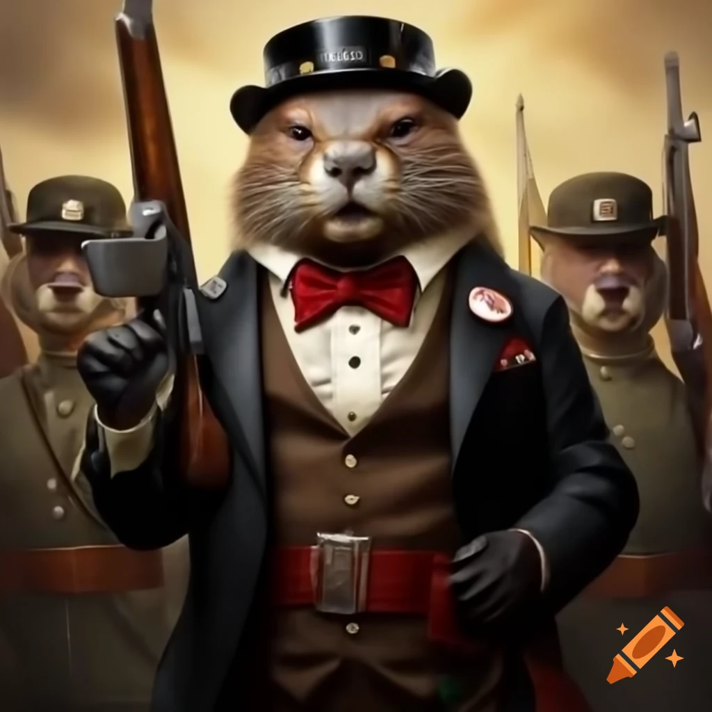 Beaver in tuxedo with rifle and bowtie, surrounded by army of animal soldiers