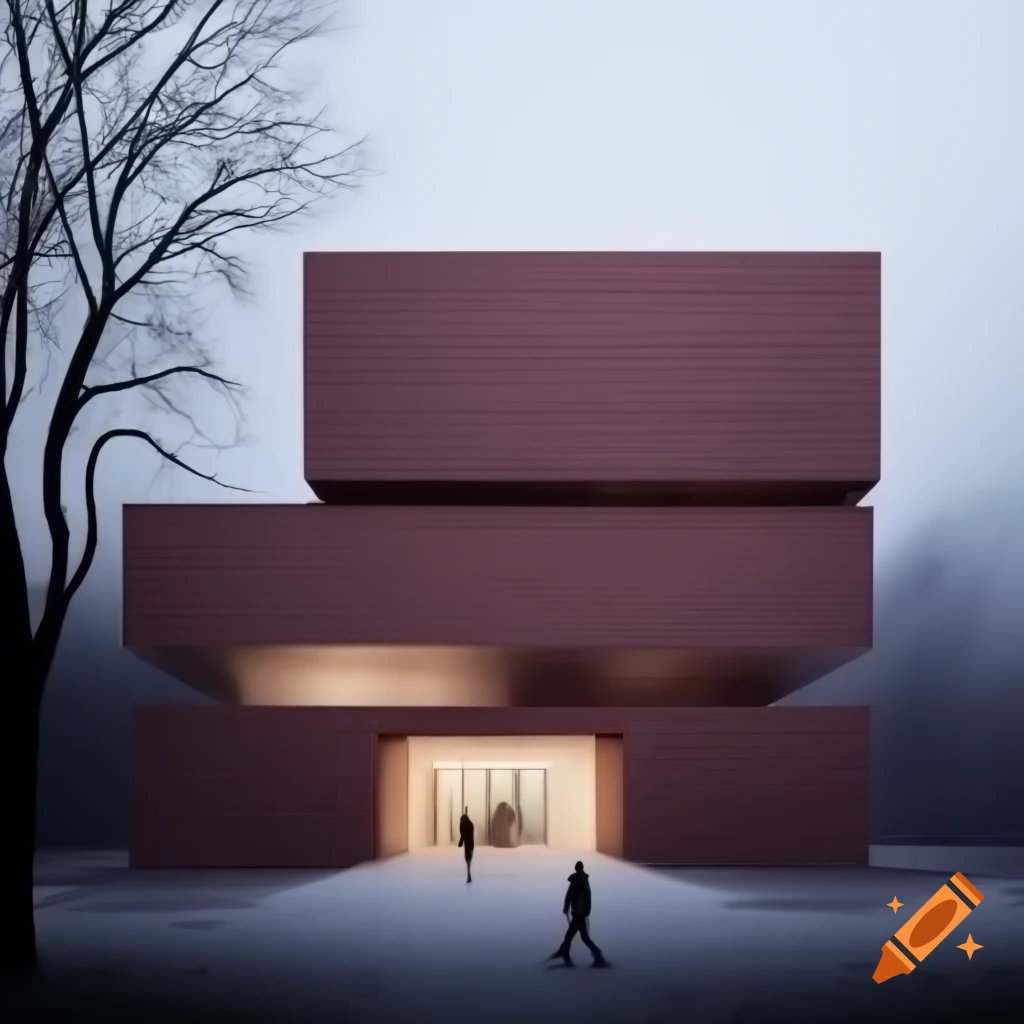 David Chipperfield museum with bright brick facade in foggy backdrop