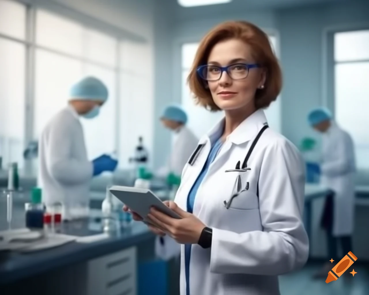 Middle-aged female scientist in lab coat and stiletto shoes