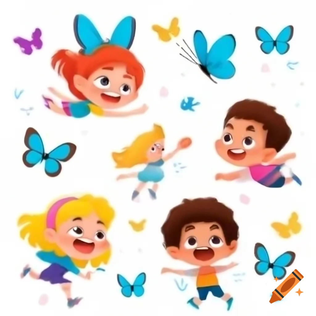 Children joyfully chasing butterflies in a vibrant field