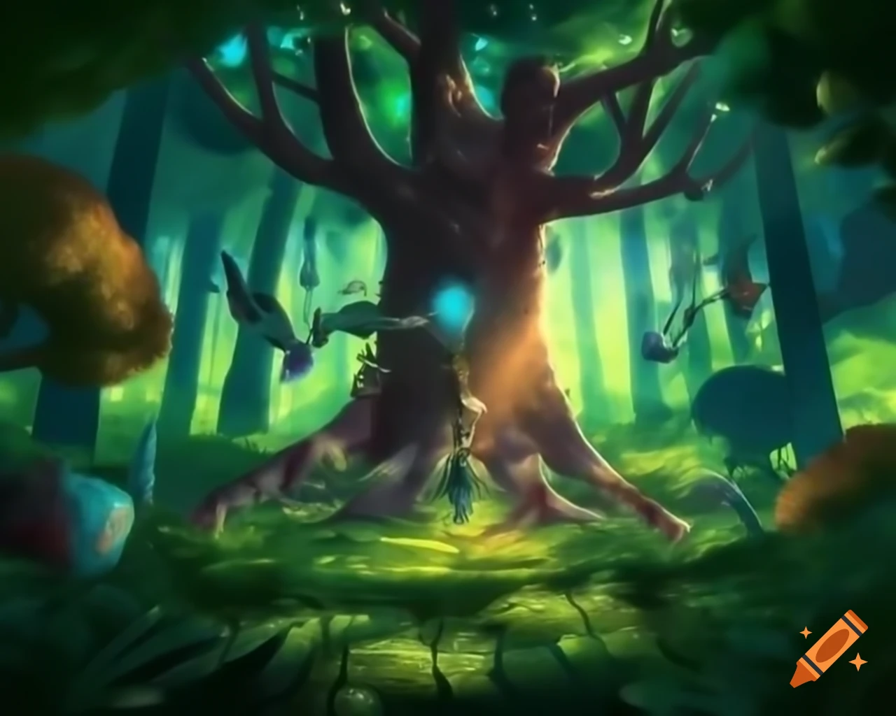 Dense forest with towering trees and vibrant plants reaching for sunlight