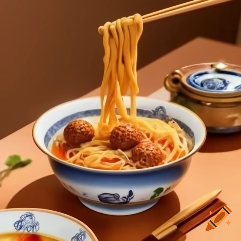 Homemade bowl of beef balls in noodle soup, cartoon style
