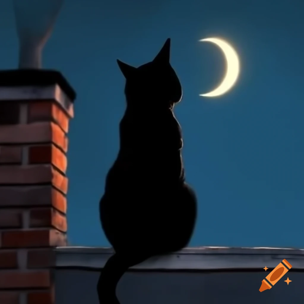Black cat with messy fur gazing at crescent moon while sitting on chimney