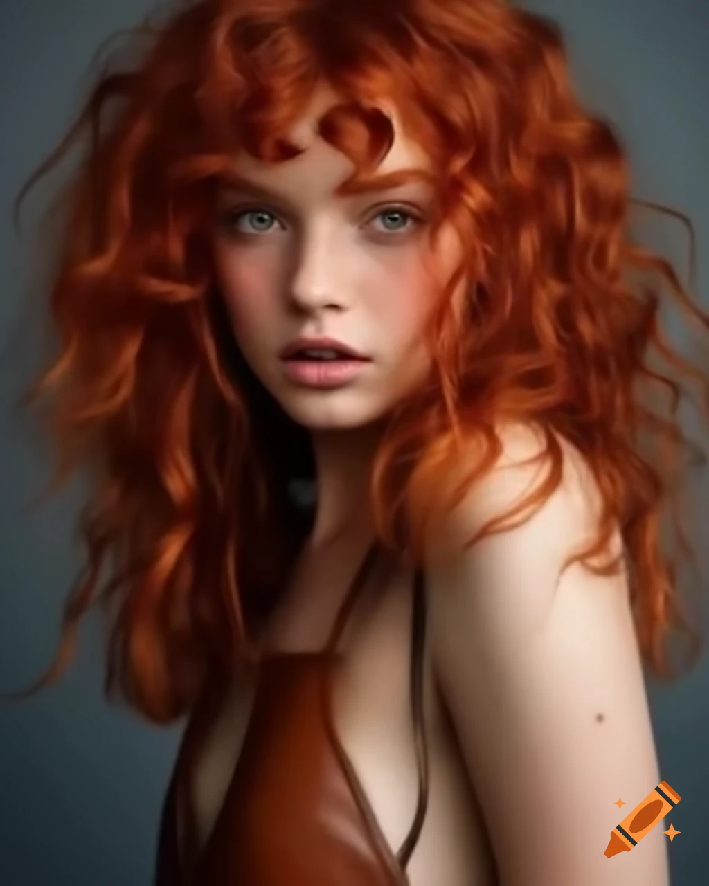 Short woman with long curly red hair and freckles wearing leather clothes