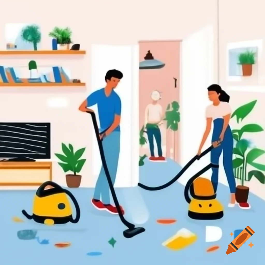 Modern clean home interior with organized living space and people cleaning