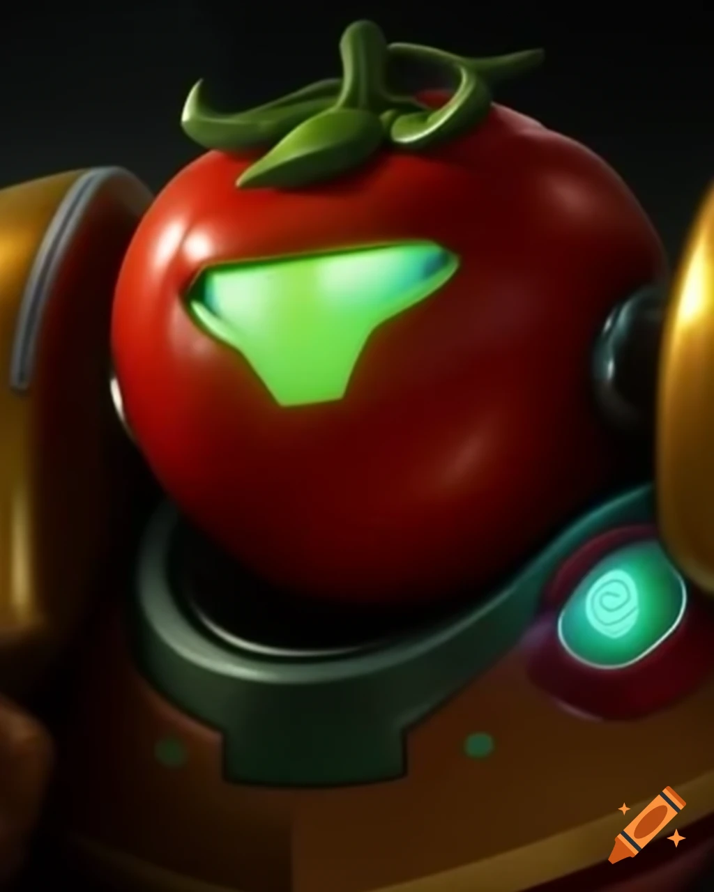 Character tomato dressed in Metroid Samus suit