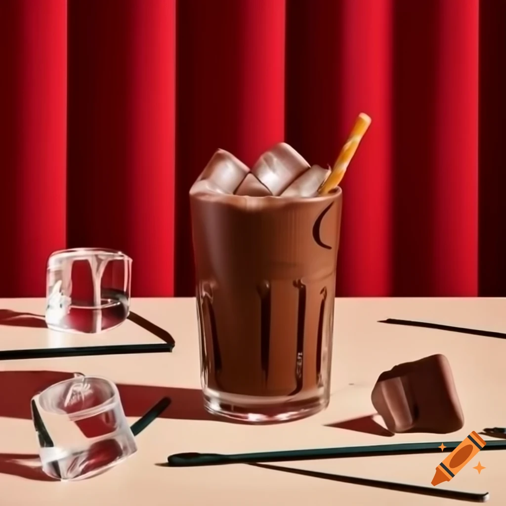 Chocolate drink with ice cubes on a table