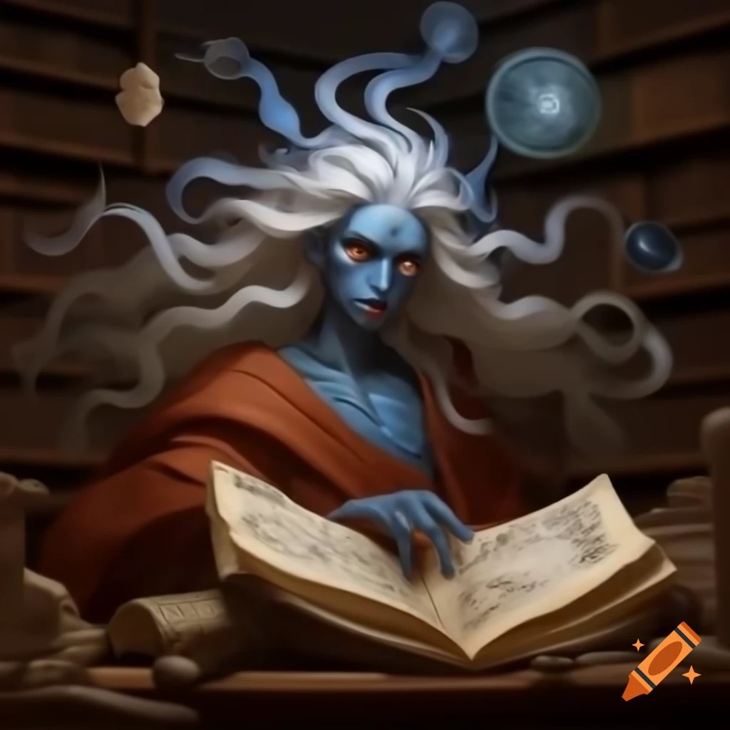 Mythical figure with flowing pages for hair and galaxy-like eyes, wearing a library-themed cloak