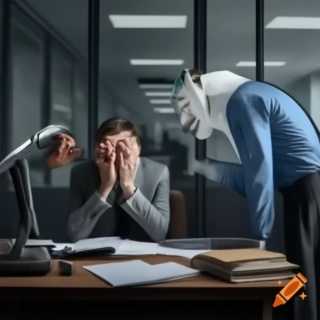 Stressed person in office cubicle with papers thrown above, lion in suit as boss