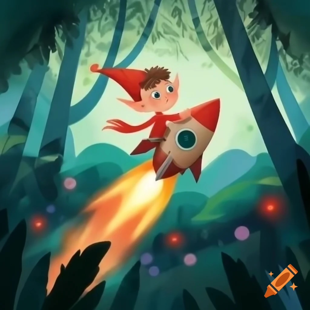 Child-like elf on rocket flying into colorful forest