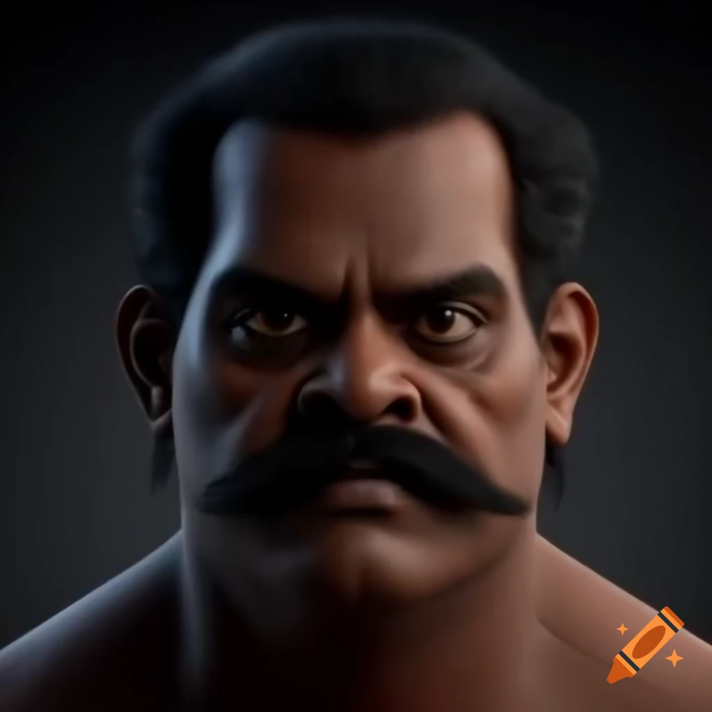 Dark-skinned Indian man with cuboid face, moustache, and flat black hair, mildly overweight