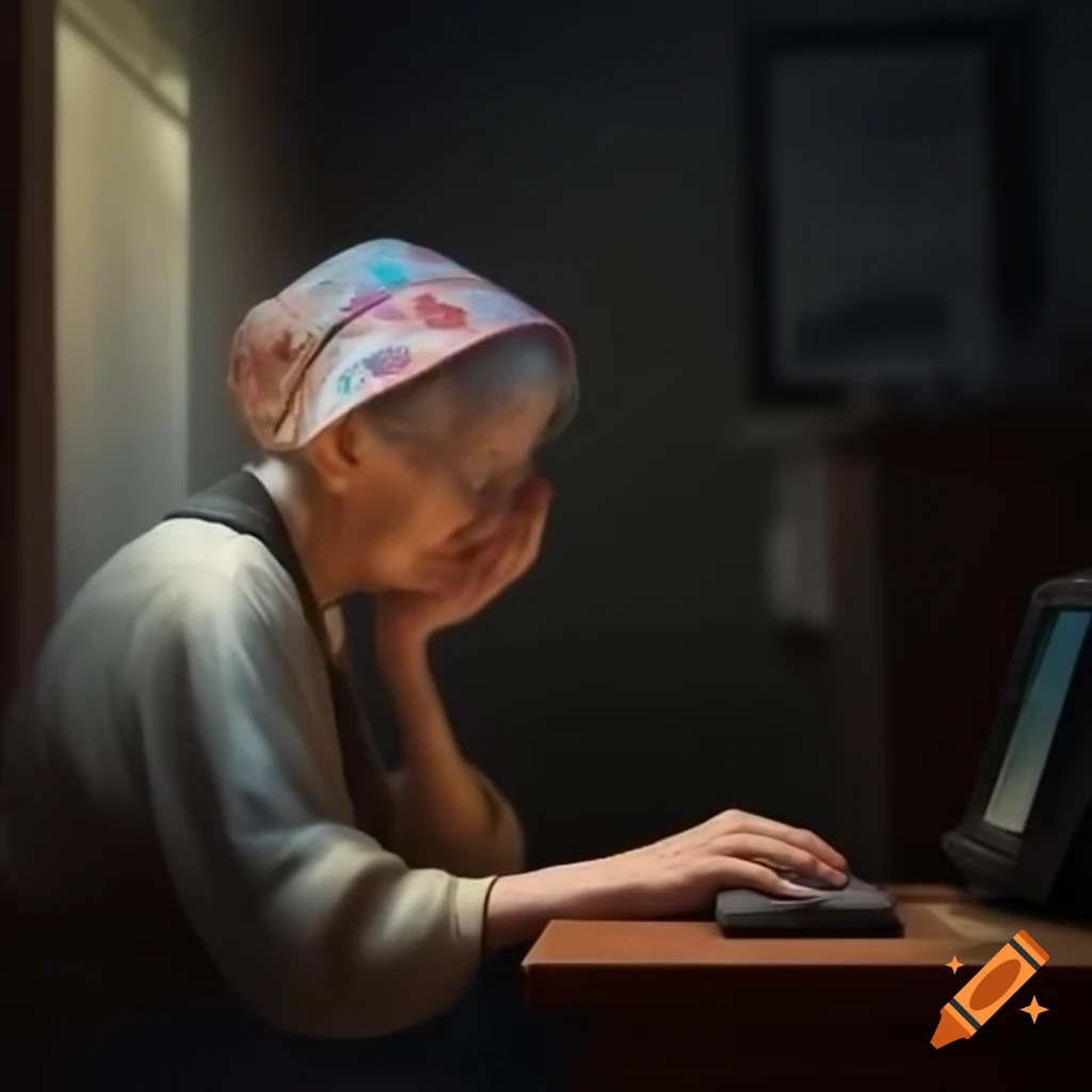 Elderly woman in kerchief affectionately using computer