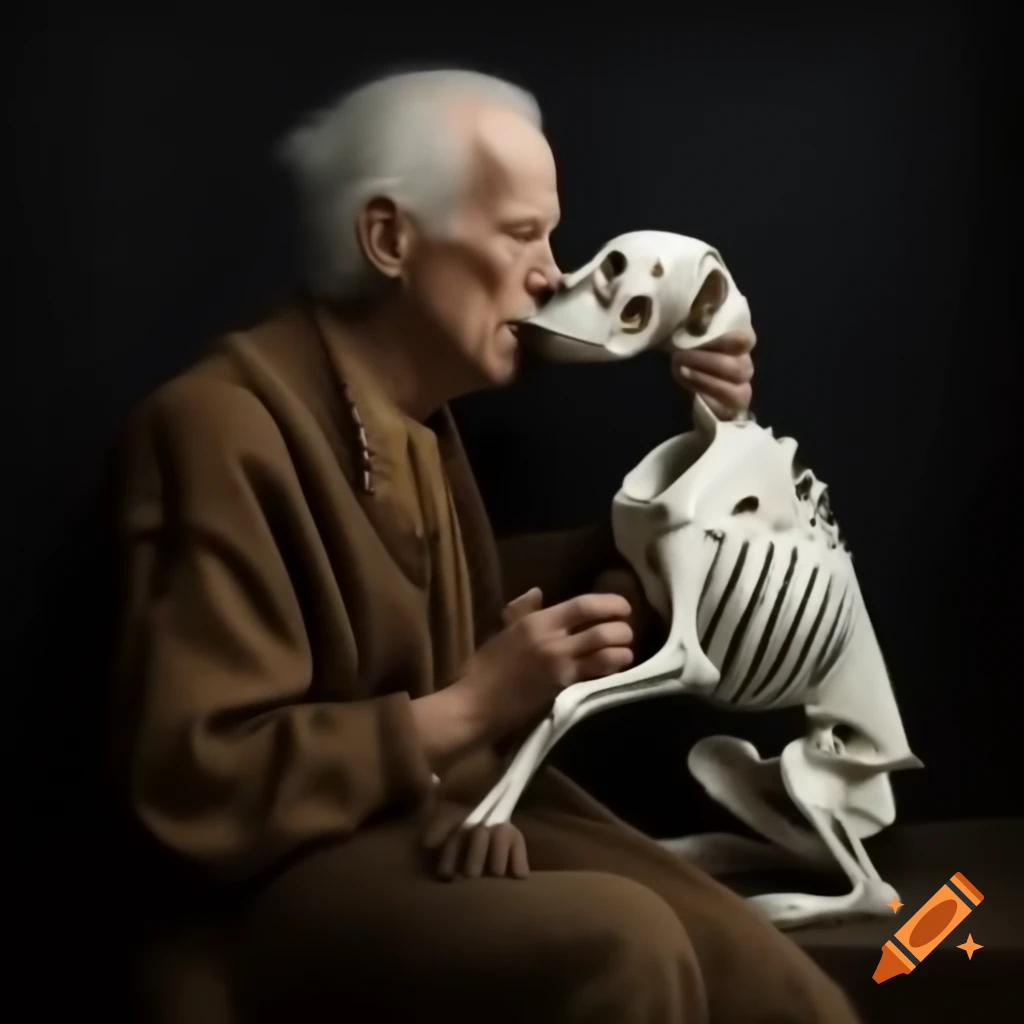 Man examining dog skull in profile, reminiscent of Hamlet's soliloquy
