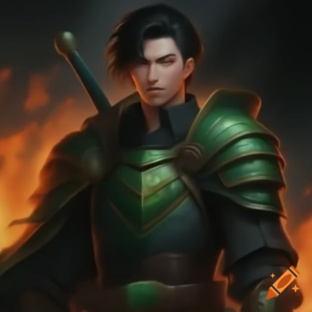 Warrior in green and black armor with fiery sword and serious expression