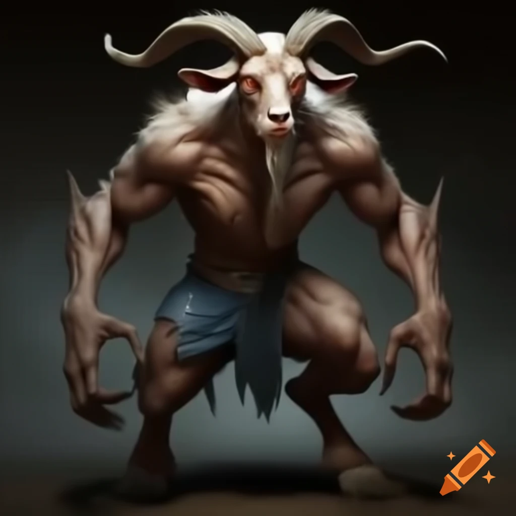 Realistic goat-headed demon with large horns and muscular build in blue shorts