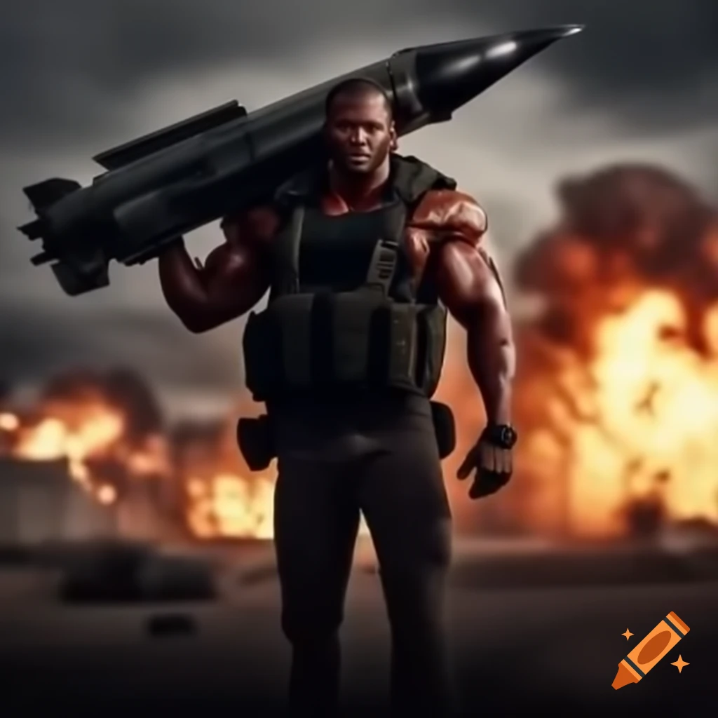Muscle man with missile launcher amid explosions