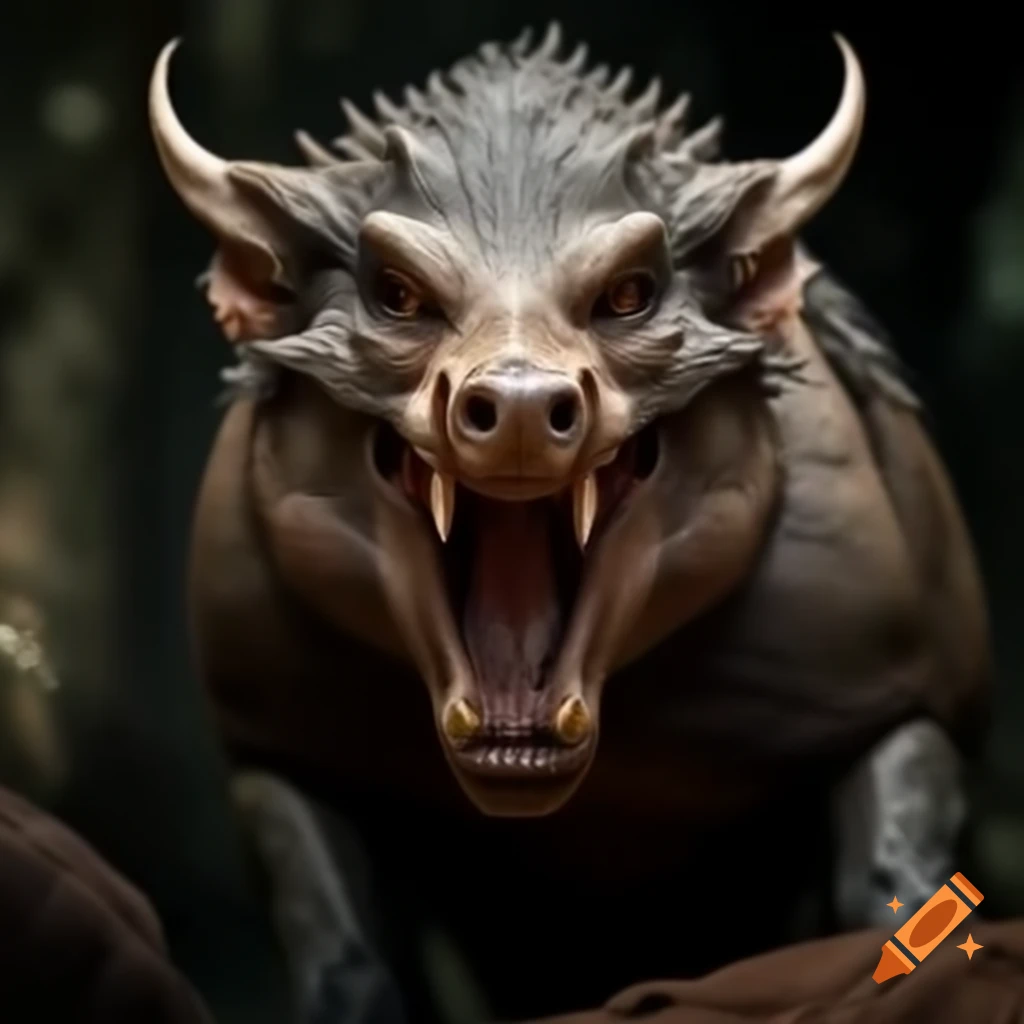 Hyper realistic wild boar-reptile fantasy creature with tusks in full figure