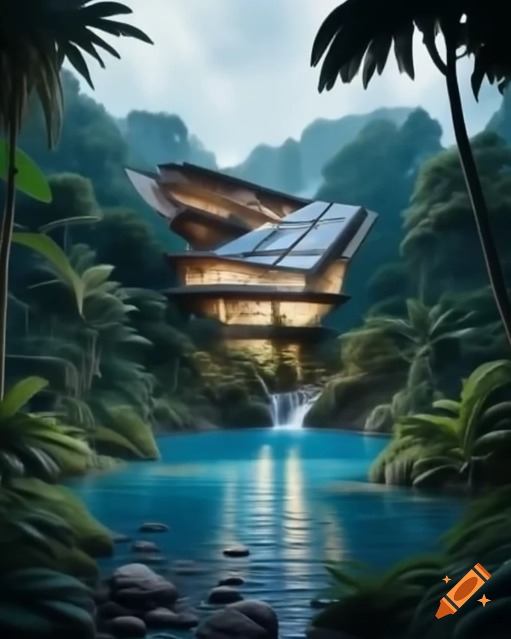 Surreal solarpunk house in jungle with crystal blue waterfall
