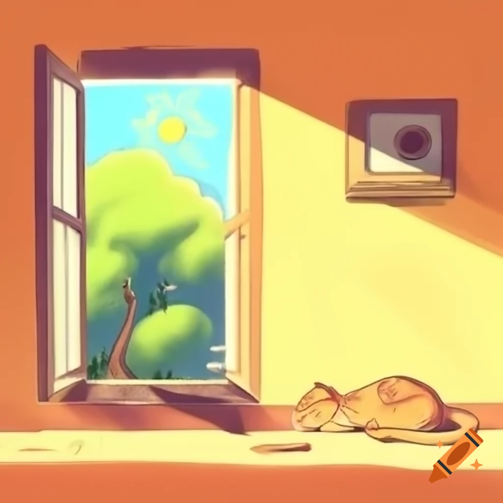Cat sunbathing by open window with trees outside