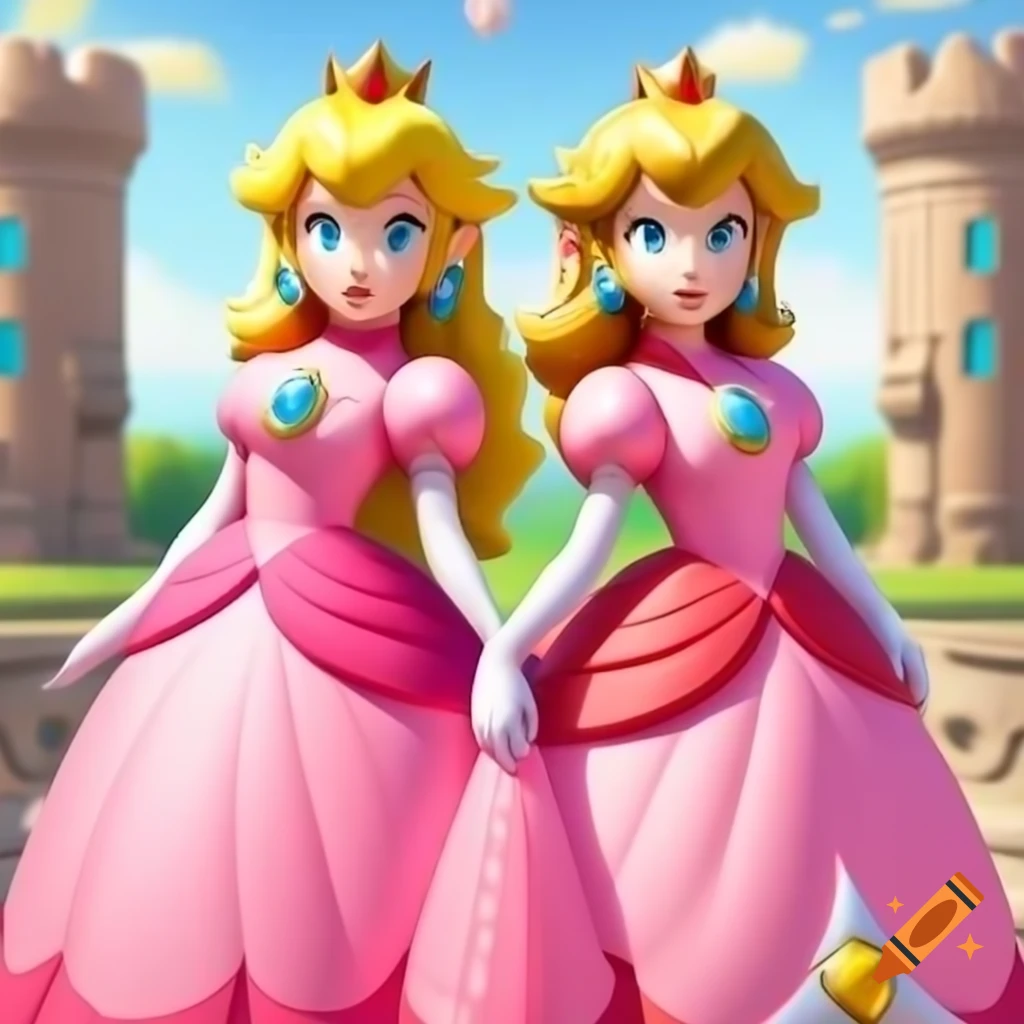 Princess Peach and Link in pink ballgowns at castle backdrop, video game art