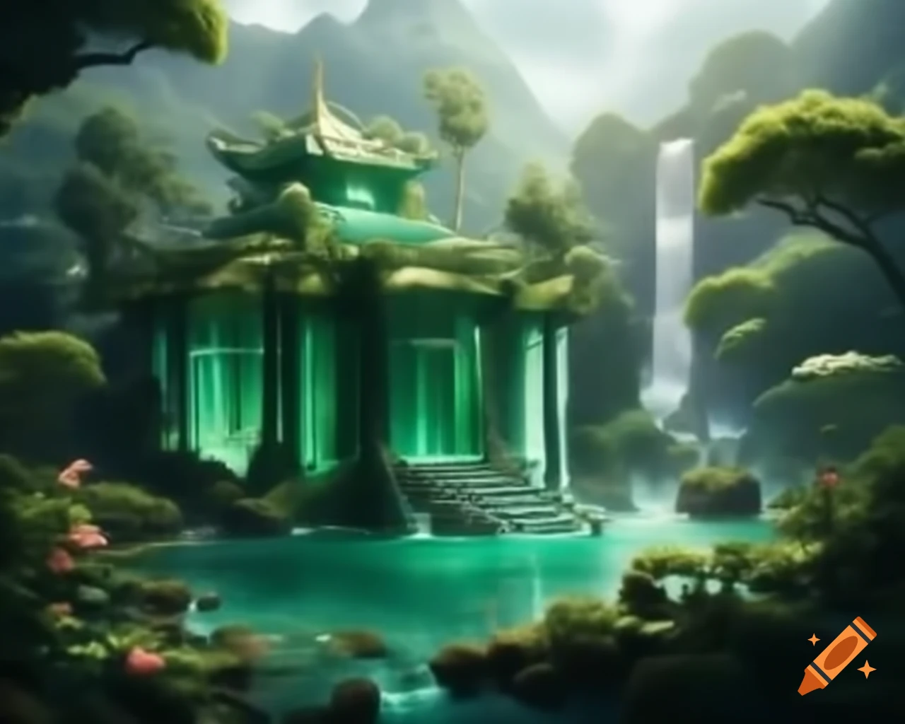 Emerald palace made of glass surrounded by lush foliage